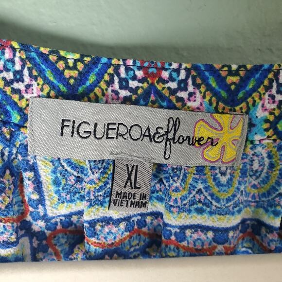 Figueora & Flower Womens Blue Geometric Pattern Boho Peasant Blouse Size XL - Picture 3 of 6